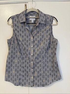 Charter Club Navy Pinstripe Sleeveless Button-Down with Gold Anchor Print